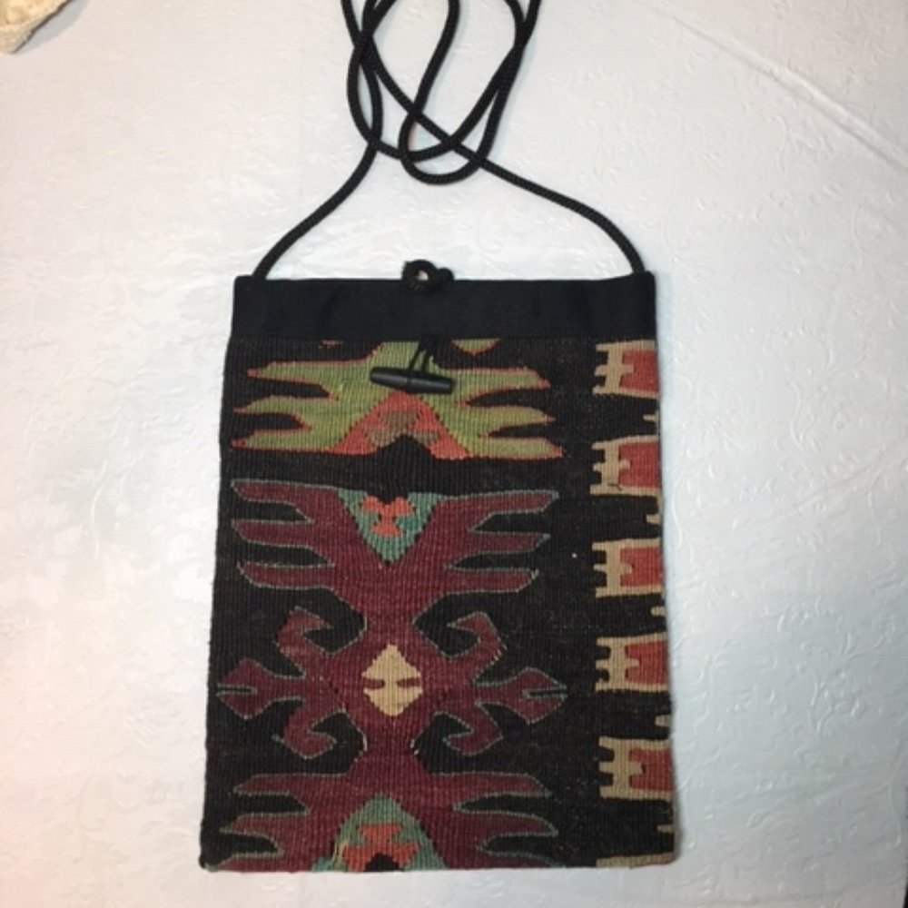 BOHO Flat Woven Kilim Textile Crossbody Bag Wool Handmade Natural Dyes 11"x8.5"